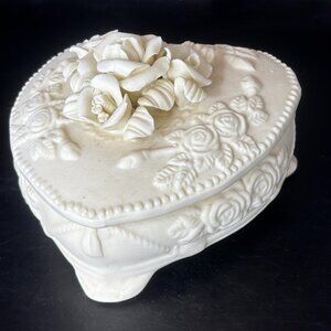 Vintage Cream Bisque Porcelain Rose Heart Trinket Jewelry Box